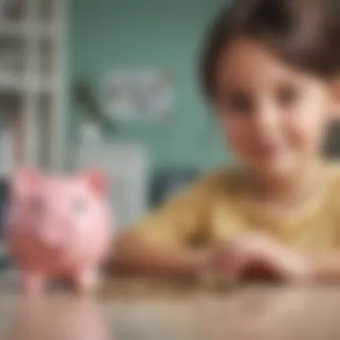 A young child exploring a piggy bank with coins