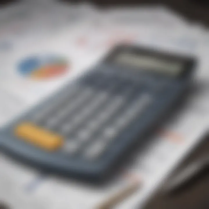 A close-up of a financial calculator with graphs and charts in the background.