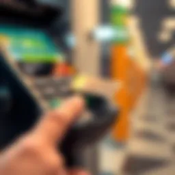 A close-up of a contactless payment terminal showing a card being tapped