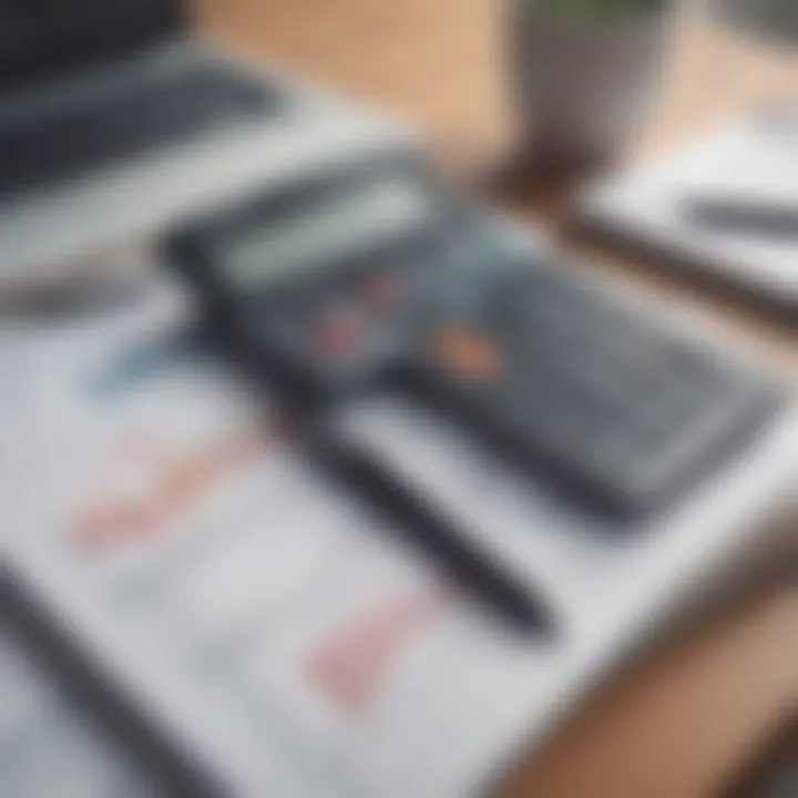 A calculator and notepad on a desk with financial graphs in the background