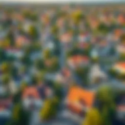 An aerial view of a suburban neighborhood showcasing diverse home styles